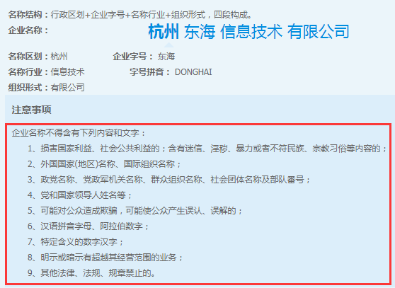 企业名称注意事项示意图